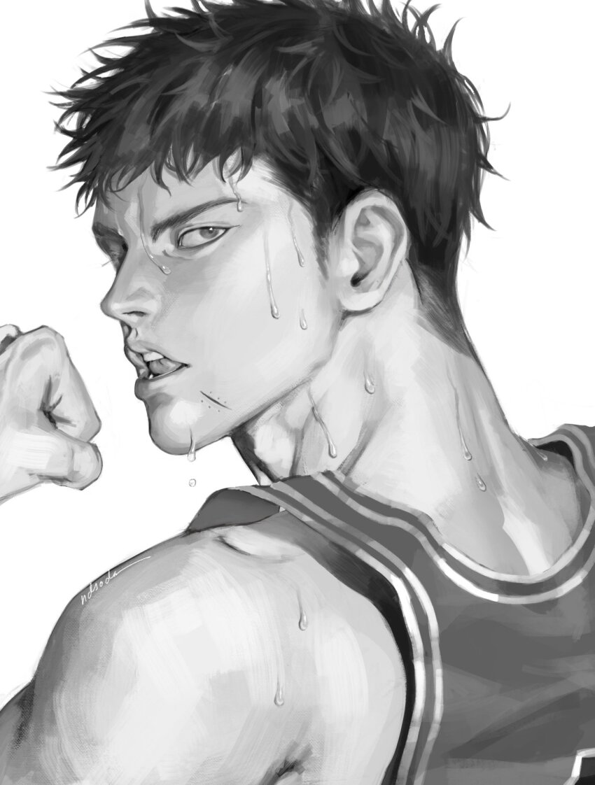 1boy adam&#039;s_apple arm_up basketball_jersey clenched_hand commentary greyscale hashtag-only_commentary highres looking_back looking_to_the_side male_focus mitsui_hisashi monochrome ndsoda open_mouth short_hair sideburns signature simple_background single_bare_shoulder slam_dunk_(series) solo sweat teeth tongue upper_body upper_teeth_only very_sweaty white_background
