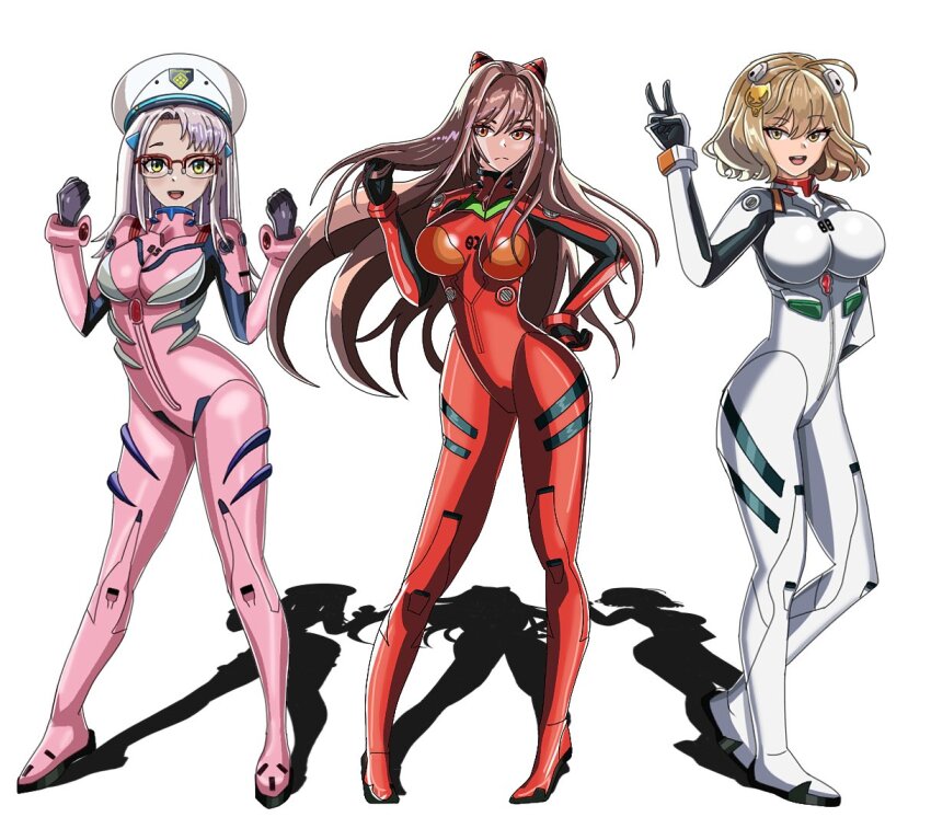 3girls anis_(nikke) ayanami_rei ayanami_rei_(cosplay) blue_eyes bodysuit breasts brown_hair clenched_hands cosplay curvy floating_hair glasses goddess_of_victory:_nikke hand_on_own_hip hat large_breasts long_hair looking_at_viewer makinami_mari_illustrious_(cosplay) mecha_pilot_suit medium_breasts multiple_girls neon_(nikke) neon_genesis_evangelion pink_bodysuit plugsuit_(evangelion) rapi_(nikke) rei_(nikke) shiny_clothes short_hair simple_background skirt sky souryuu_asuka_langley souryuu_asuka_langley_(cosplay) v warurock white_background white_bodysuit wide_hips