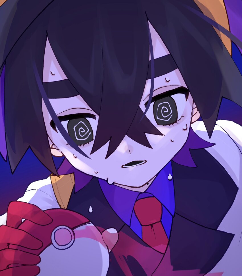 1boy @_@ black_hair blue_background blue_shirt collared_shirt commentary_request crossed_bangs gloves hair_between_eyes hairband hand_up highres holding holding_poke_ball jacket kieran_(pokemon) lower_teeth_only male_focus mole mole_on_neck na8_8n necktie nintendo open_mouth partially_fingerless_gloves poke_ball poke_ball_(basic) pokemon pokemon_sv red_gloves red_necktie shirt short_hair solo sweat teeth white_jacket yellow_hairband