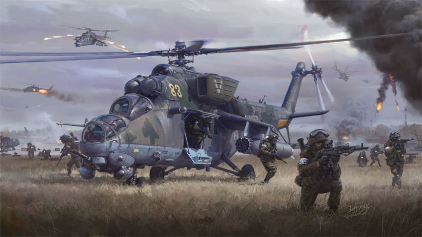 6+others aiming aircraft aircraft_request airplane airport ak-74m alphabet anti-tank_guided_missile armband artist_name assault_rifle attack attack_helicopter balaclava black_footwear boots burning camouflage camouflage_headwear camouflage_jacket camouflage_pants combat_boots combat_helmet commentary dated day destruction dragunov_svd english_commentary falling fire firing flare flying from_side full_body goggles goggles_on_headwear grass green_headwear green_jacket green_pants gun gun_sling helicopter helmet highres holding holding_gun holding_weapon jacket jeffholy jet_airliner kalashnikov_rifle knee_pads load_bearing_equipment long_sleeves looking_ahead machine_gun mi-24 mig-29 military military_combat_uniform military_uniform military_vehicle missile motion_blur motor_vehicle multiple_others muted_color optical_sight original outdoors overcast pants paratrooper propeller ribbon_of_saint_george rifle rocket_launcher rocket_pod russia russian_air_force russian_ground_forces russian_text russo-ukrainian_war scenery scope signature sky smoke sniper_rifle soldier squatting standing translated ukraine vdv vehicle_focus vehicle_request walking war weapon weapon_on_back white_armband