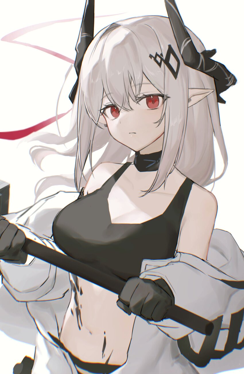 1girl 2naom8q6gt87292 absurdres arknights bare_shoulders black_gloves black_horns breasts chromatic_aberration cleavage closed_mouth commentary crop_top expressionless gloves grey_hair hair_between_eyes highres holding horns infection_monitor_(arknights) long_hair looking_at_viewer material_growth medium_breasts mudrock_(arknights) mudrock_(elite_ii)_(arknights) navel off_shoulder oripathy_lesion_(arknights) pointy_ears red_eyes simple_background solo white_background