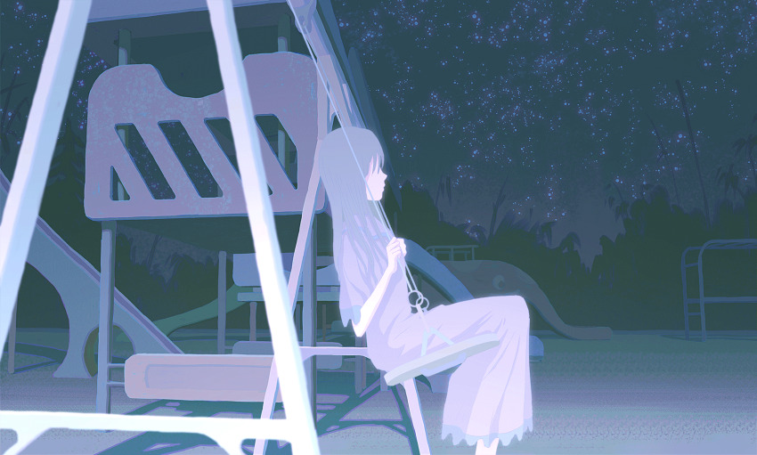 1girl animated animated_gif black_hair bridal_veil chinese_commentary commentary_request dress faceless from_side gloves highres limited_palette long_hair looping_animation monkey_bars night night_sky on_swing original outdoors playground puffy_sleeves scenery shadow sitting sky slide solo star_(sky) starry_sky surreal swing swing_set swinging swinging_on_swing veil white_dress white_gloves wujing_f