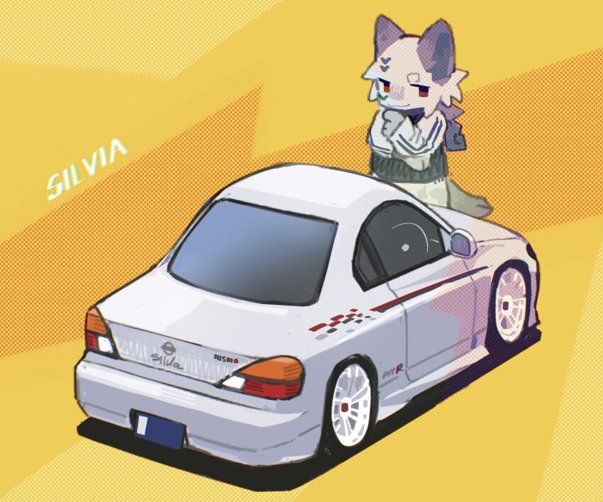 1boy animal_ears blue_jacket car chinese_commentary dou_jiao_bei_w grey_car highres jacket looking_to_the_side male_focus motor_vehicle nismo nissan nissan_silvia nissan_silvia_s15 original red_eyes shadow sleeves_past_wrists smile solo sports_car tail vehicle_focus vehicle_name wolf_boy wolf_ears wolf_tail