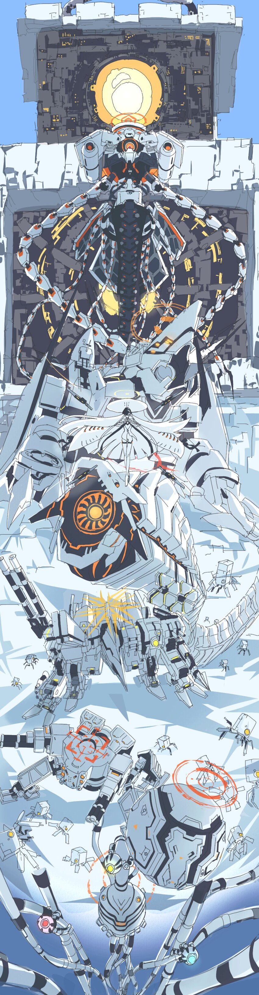 1girl absurdres binah_(blue_archive) blue_archive blue_sky character_request chesed_(blue_archive) chokmah_(blue_archive) everyone floating geburah_(blue_archive) gesoikuo halo highres hod_(blue_archive) kether_(blue_archive) malkuth_(blue_archive) mecha panorama red_halo robot sky snow