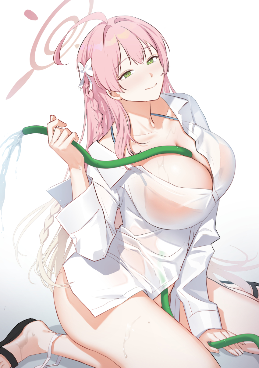 1girl absurdres ahoge bikini bikini_under_clothes black_footwear blue_archive blush bow braid breasts cleavage closed_mouth collarbone frate_(fraternite) green_eyes hair_bow halo hanako_(blue_archive) hanako_(swimsuit)_(blue_archive) highres holding holding_hose hose hose_between_breasts large_breasts long_hair long_sleeves looking_at_viewer official_alternate_costume oversized_clothes oversized_shirt pink_hair pink_halo see-through_clothes see-through_shirt shirt smile solo swimsuit wet wet_clothes wet_shirt white_shirt