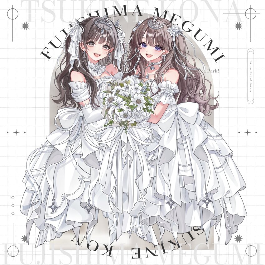 2girls :d animification bare_shoulders bouquet breasts brown_hair character_name cleavage collarbone commentary_request dress flower flower_stand_art frilled_dress frills fujishima_megumi full_body grey_eyes hair_flower hair_ornament highres holding holding_bouquet holding_together link!_like!_love_live! long_dress looking_at_viewer love_live! multiple_girls nin_(niyuu_mo9) open_mouth purple_eyes real_life rose silver_tiara sleeveless sleeveless_dress smile teeth tiara tsukine_kona upper_teeth_only virtual_youtuber voice_actor voice_actor_connection wedding_dress white_dress white_flower white_rose