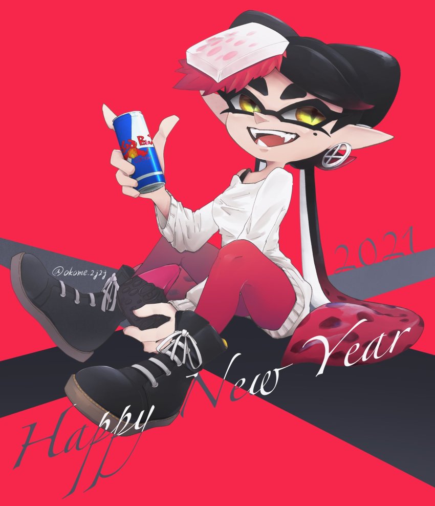 +_+ 1girl 2021 black_hair black_shoes callie_(splatoon) can commentary commentary_request earrings english_commentary english_text fangs food food_on_head gradient_hair happy_new_year highres holding holding_can inkling jewelry logo_parody long_hair looking_at_another mask mole mole_under_eye multicolored_hair new_year nintendo object_on_head off-shoulder_sweater off_shoulder okome_2g2g open_mouth pantyhose pointy_ears purple_pantyhose red_background red_bull red_hair shirt_straps shoes sitting smile sneakers solo straight-laced_footwear sushi sweater swept_bangs tentacle_hair twitter_username very_long_hair white_sweater yellow_eyes