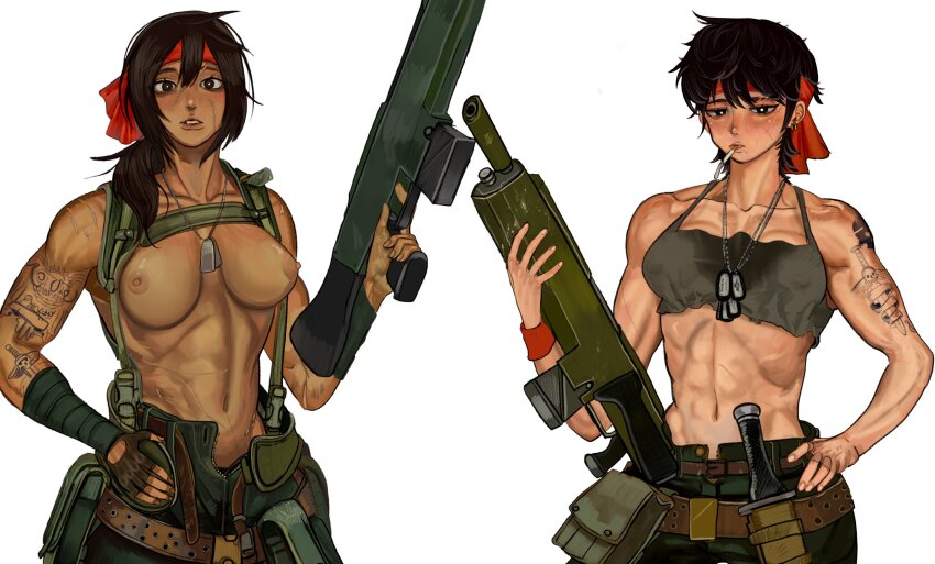 2girls abs ammunition_belt bandana black_eyes black_har brown_hair catachan_jungle_fighter dog_tags earrings fingerless_gloves gloves green_pants hand_wraps highres jewelry kkghost_tv lasgun load_bearing_equipment long_hair looking_at_viewer machete multiple_girls muscular muscular_female navel nipples pants red_bandana scar scar_on_face sheath sheathed short_hair single_fingerless_glove tattoo toned toned_female topless_female unlit_cigarette_in_mouth warhammer_40k white_background wristband
