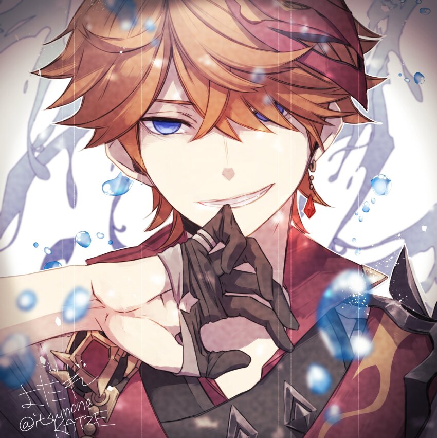 1boy absurdres arm_up artist_name biting black_gloves blue_eyes blurry blurry_foreground collared_shirt commentary_request crossed_bangs earrings fang floating_earring genshin_impact biting_glove glove_pull gloves grey_jacket grin hair_over_one_eye half_gloves highres itsumono_katze jacket jewelry looking_at_viewer male_focus mask mask_on_head orange_hair popped_collar red_mask red_shirt shirt short_hair signature simple_background single_earring smile solo tartaglia_(genshin_impact) teeth upper_body water_drop white_background