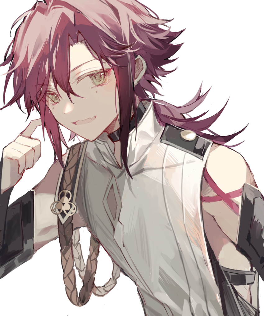 1boy armor black_choker black_hair choker fang genshin_impact gradient_hair green_eyes highres japanese_armor japanese_clothes kote kurokote looking_at_viewer male_focus multicolored_hair nokoya parted_lips ponytail red_hair shikanoin_heizou simple_background skin_fang solo white_background