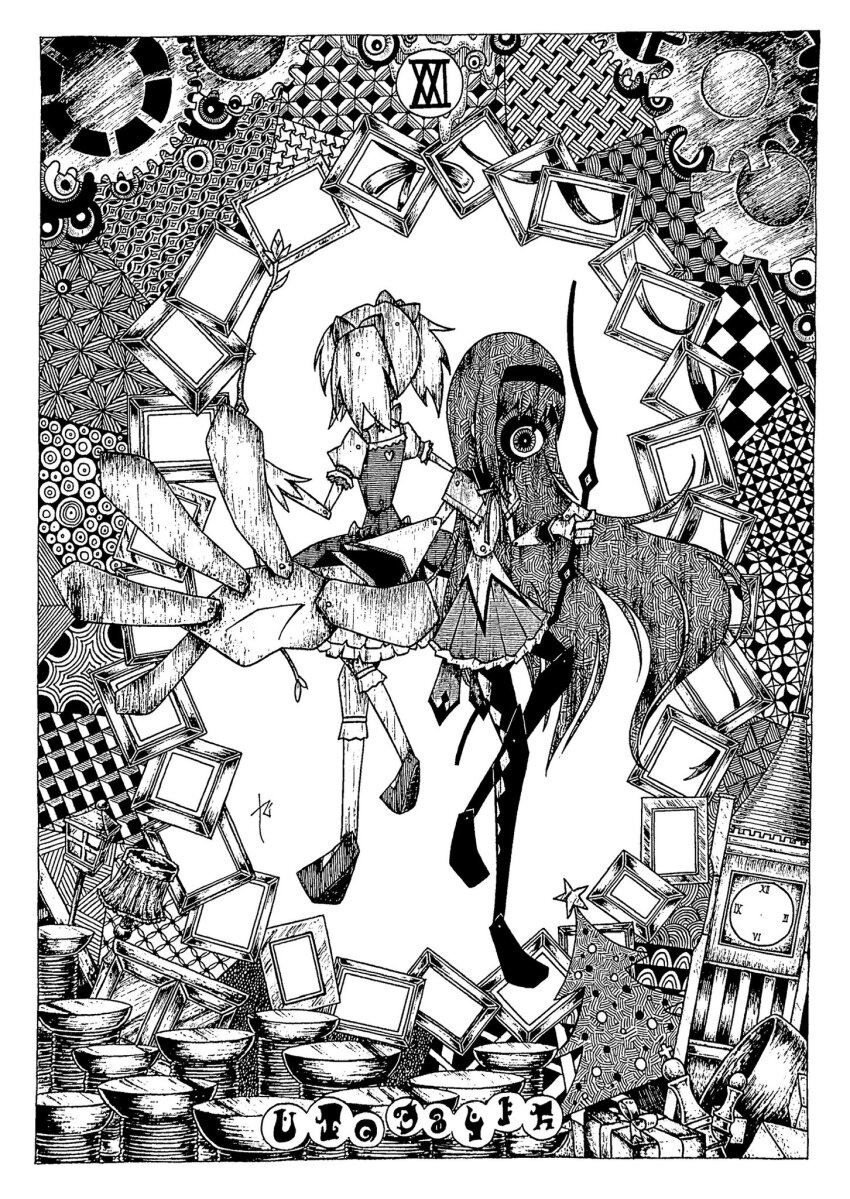 2girls abstract abstract_background akemi_homura akemi_homura_(magical_girl) argyle_clothes argyle_footwear argyle_pantyhose black_hair black_pantyhose bow bow_(weapon) bubble_skirt card chess_piece clock clock_tower collared_capelet floating_hair full_body gears gloves greyscale hair_bow hair_ribbon hairband highres holding kaname_madoka kaname_madoka_(magical_girl) kneehighs lamp long_hair long_sleeves madoka_runes magical_girl mahou_shoujo_madoka_magica monochrome multiple_girls pantyhose patterned pleated_skirt puffy_short_sleeves puffy_sleeves ribbon rigel0310 short_sleeves short_twintails skirt socks surreal tarot tarot_card the_world_(tarot) thread tower twintails weapon