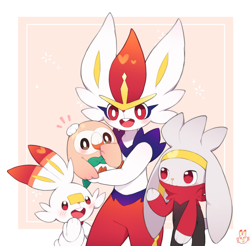 blush border bright_pupils cinderace colaoud commentary_request creatures_(company) evolutionary_line framed game_freak gen_7_pokemon gen_8_pokemon highres holding holding_pokemon korean_commentary nintendo notice_lines open_mouth pokemon pokemon_(creature) raboot red_eyes rowlet scorbunny tongue white_border white_pupils