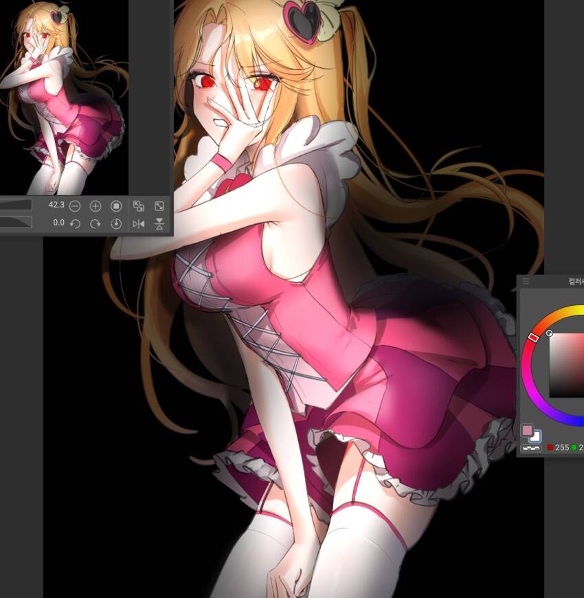 1girl art_program_in_frame black_background blonde_hair breasts cosplay covering_crotch covering_face covering_privates dress frilled_dress frills genderswap genderswap_(mtf) hair_ornament heart heart_hair_ornament highres lace-up_top leggings legwear_garter limbus_company long_hair looking_at_viewer project_moon queen_of_hatred queen_of_hatred_(cosplay) red_eyes sinclair_(project_moon) sleeveless sleeveless_dress thighhighs til_0816 white_leggings winged_sleeves wrist_cuffs zettai_ryouiki zoom_layer