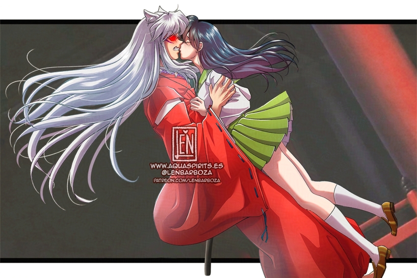 1boy 1girl animal_ears artist_name bead_necklace beads black_hair brown_shoes closed_eyes commentary dog_ears english_commentary from_side glowing glowing_eyes green_skirt grey_hair higurashi_kagome inuyasha inuyasha:_kagami_no_naka_no_mugenjou inuyasha_(character) japanese_clothes jewelry kimono kiss lennys long_hair long_sleeves necklace pleated_skirt red_eyes red_kimono scene_reference school_uniform sheath shirt shoes skirt socks twitter_username white_shirt white_socks wide_sleeves