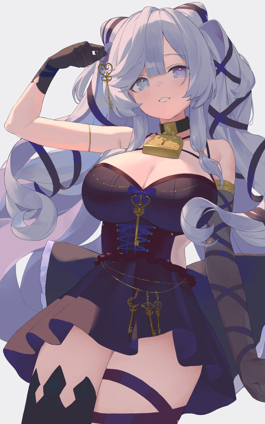 1girl absurdres arm_ribbon arm_up bare_shoulders black_choker black_gloves black_ribbon black_skirt black_thighhighs blue_eyes blue_ribbon blush bodice breasts choker cleavage commentary_request cone_hair_bun cowboy_shot criss-cross_halter dot_nose elbow_gloves frills from_below gloves golden_armlet grey_hair hair_bun hair_ribbon halterneck heterochromia highres holding holding_key key large_breasts long_hair multiple_thigh_straps nametarou_(meron) otogi_nemu padlocked_choker parted_bangs pleated_skirt purple_eyes re:act ribbon simple_background single_elbow_glove single_thighhigh skirt smile solo thick_eyelashes thighhighs thighs very_long_hair virtual_youtuber white_background
