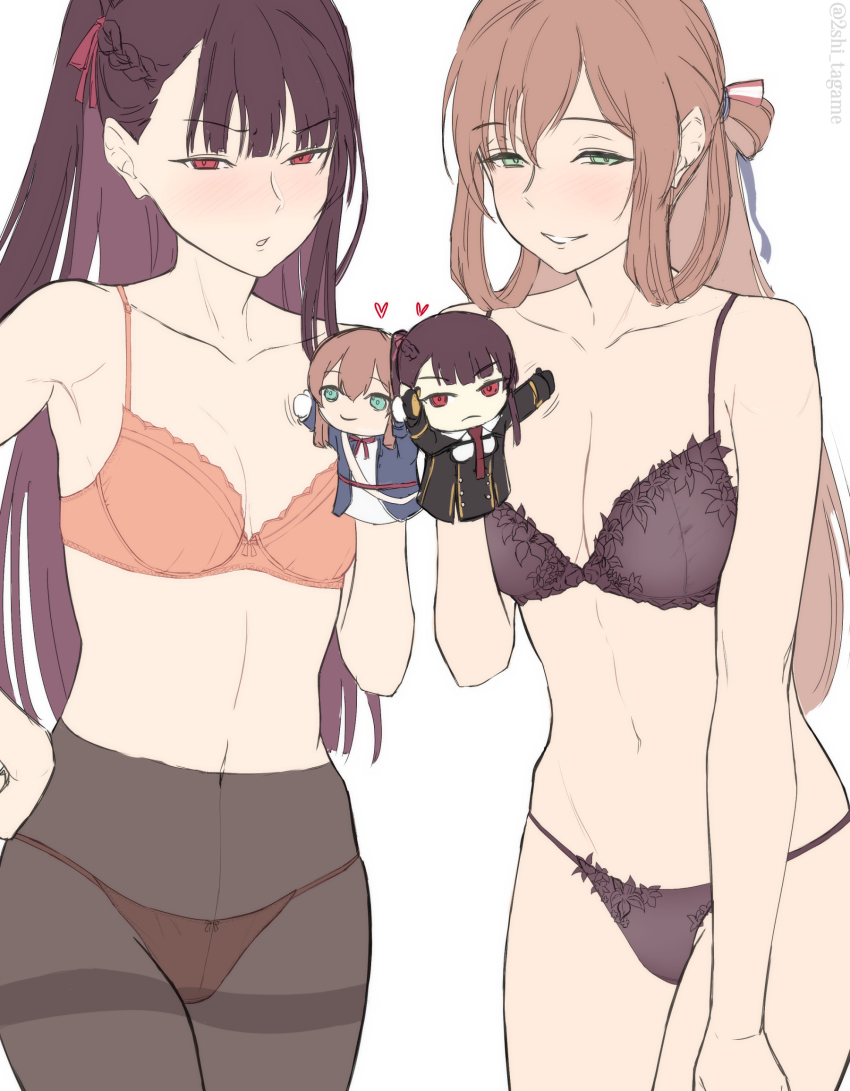 2girls artist_name black_bra black_panties blush bra braid breasts brown_hair character_doll collarbone commentary_request girls&#039;_frontline green_eyes hair_ribbon hand_puppet heart highres lingerie long_hair looking_at_viewer medium_breasts mizukamakiri multiple_girls navel orange_bra orange_panties panties panties_under_pantyhose pantyhose puppet purple_hair red_eyes ribbon smile springfield_(girls&#039;_frontline) twitter_username underwear wa2000_(girls&#039;_frontline)