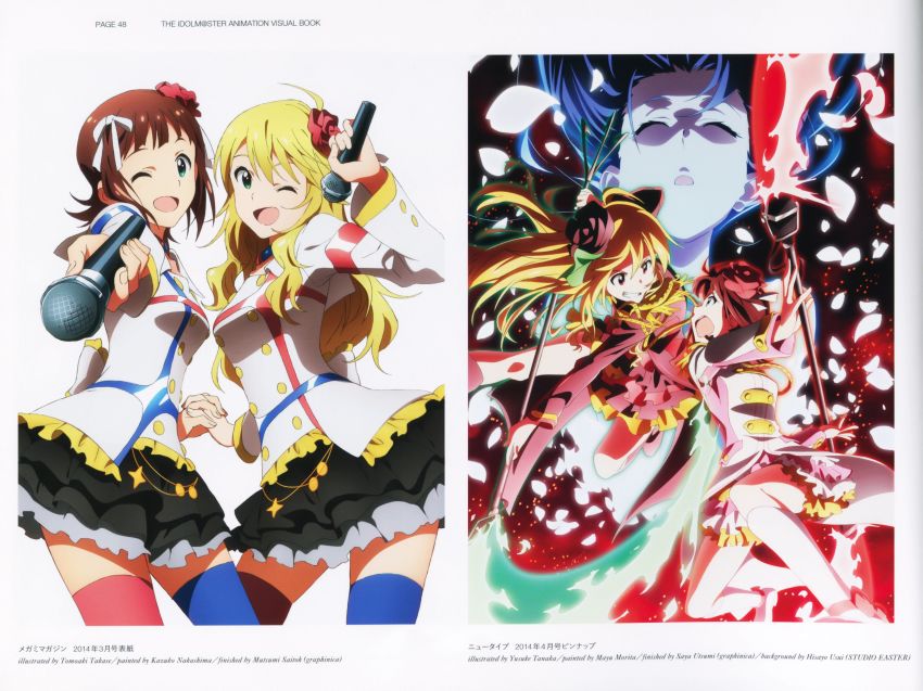 2014 5girls ;d absurdres alternate_eye_color amami_haruka artist_name black_skirt blonde_hair blue_hair blue_thighhighs brown_hair closed_eyes copyright_name cowboy_shot dress eye_contact flower green_eyes grin hair_flower hair_ornament hair_ribbon highres holding holding_hands holding_microphone holding_polearm holding_weapon hoshii_miki idolmaster idolmaster_(classic) interlocked_fingers jacket layered_skirt long_hair long_sleeves looking_at_another microphone miniskirt multiple_girls official_art one_eye_closed open_mouth page_number pleated_skirt polearm red_dress red_eyes red_flower red_hair red_thighhighs ribbon short_hair skirt smile standing takase_tomoaki tanaka_yuusuke thighhighs weapon white_jacket white_ribbon zettai_ryouiki