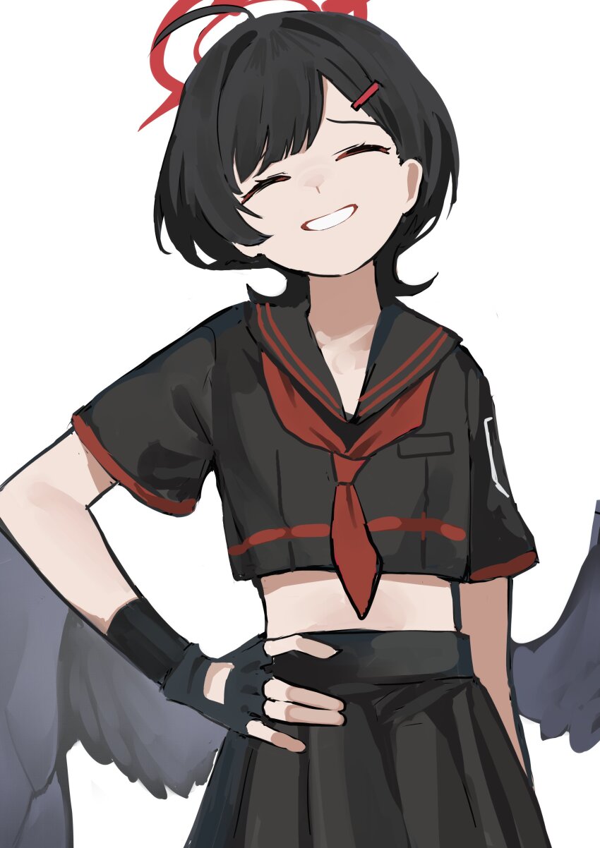1girl absurdres alternate_hairstyle black_gloves black_hair blue_archive closed_eyes fingerless_gloves gloves grin halo hands_on_own_hips highres ichika_(blue_archive) midriff pleated_skirt remise school_uniform serafuku short_hair simple_background skirt smile white_background