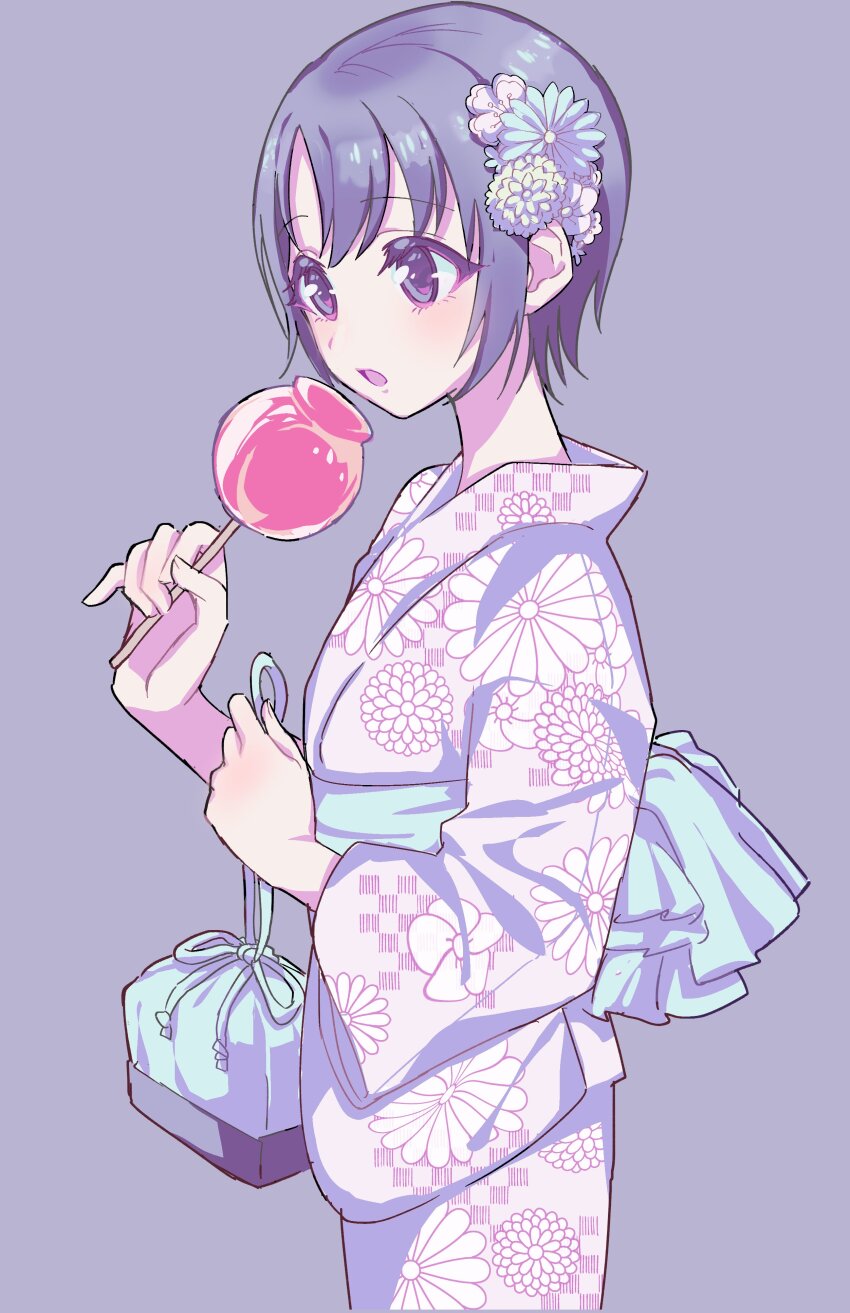 1girl absurdres apple blue_eyes candy_apple eyelashes food fruit grey_background grey_hair highres idolmaster idolmaster_cinderella_girls japanese_clothes kanipoposu kimono otokura_yuuki short_hair sidelocks simple_background yukata