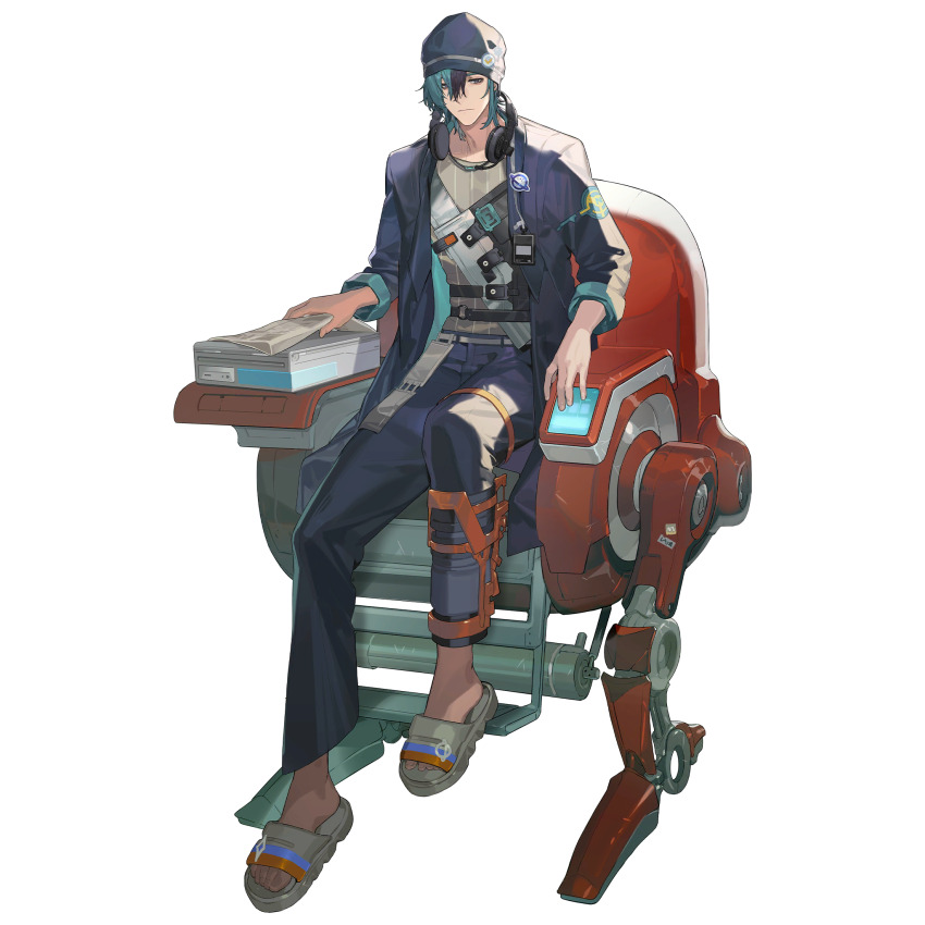 1boy artist_request beanie black_eyes black_hair chair full_body game_cg girls&#039;_frontline girls&#039;_frontline_neural_cloud green_hair hat headphones headphones_around_neck highres jacket looking_at_viewer male_focus newspaper official_art on_chair open_clothes open_jacket pants sandals sitting solo third-party_source transparent_background yuwang_(neural_cloud)