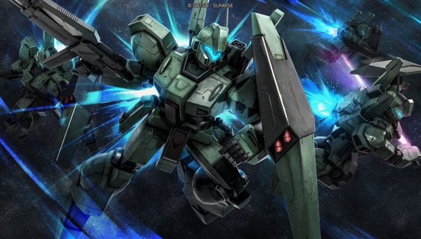 army artist_request assault_visor beam_rifle blue_visor char&#039;s_counterattack company_name copyright_notice earth_federation_space_forces energy_gun energy_sword fleet gundam gundam_battle_operation_2 holding holding_sword holding_weapon jegan machinery mecha mecha_focus missile_pod mobile_suit no_humans official_art realistic robot science_fiction shield space sunrise_(company) sword thrusters weapon zero_gravity