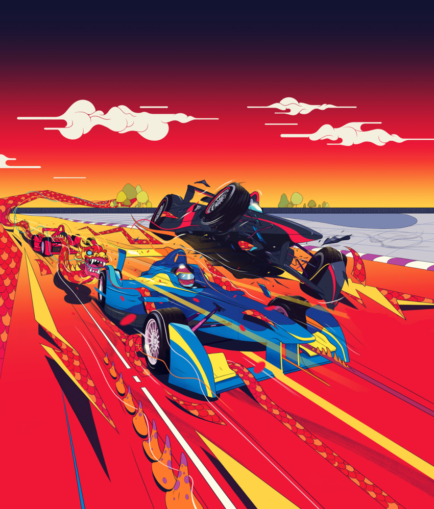 3boys andrew_archer black_car blue_car blue_eyes car cloud commentary dragon eastern_dragon english_commentary formula_e formula_racer highres lucas_di_grassi midair motion_lines motor_vehicle multiple_boys nick_heidfield nicolas_prost open_mouth race_vehicle racecar racing real_life red_car sharp_teeth spoiler_(automobile) sunset teeth tree vehicle_focus