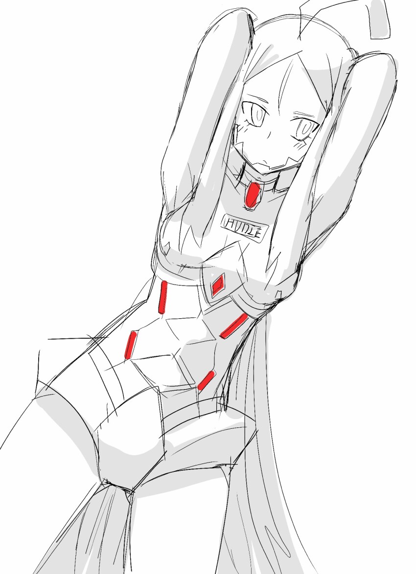 1girl arms_behind_head arms_up breasts choker digimon digimon_(creature) female_focus highres hudiemon leotard long_hair looking_away_from_viewer medium_breasts ph6xeivbgpimggg sketch solo solo_focus spot_color thick_thighs thighhighs thighs