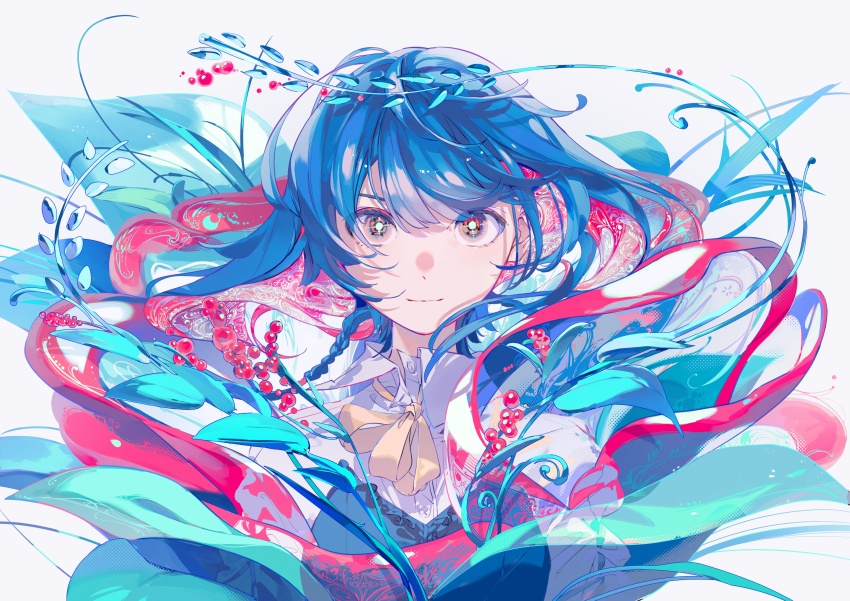 1girl absurdres blue_hair flower highres light_smile long_hair looking_at_viewer original ritao_kamo simple_background smile white_background