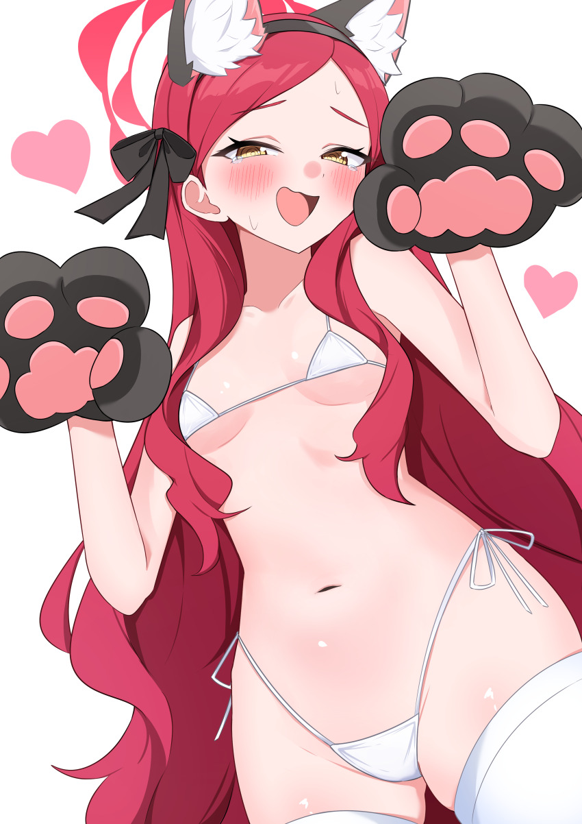 1girl absurdres animal_ears animal_hands bikini black_gloves black_hairband blue_archive blush breasts cat_ears commentary_request fake_animal_ears gloves hairband halo heart highres long_hair looking_at_viewer micro_bikini open_mouth paw_gloves red_eyes red_hair red_halo simple_background small_breasts solo suga_kiiha swimsuit takane_(blue_archive) thighhighs very_long_hair white_background white_bikini white_thighhighs yellow_eyes