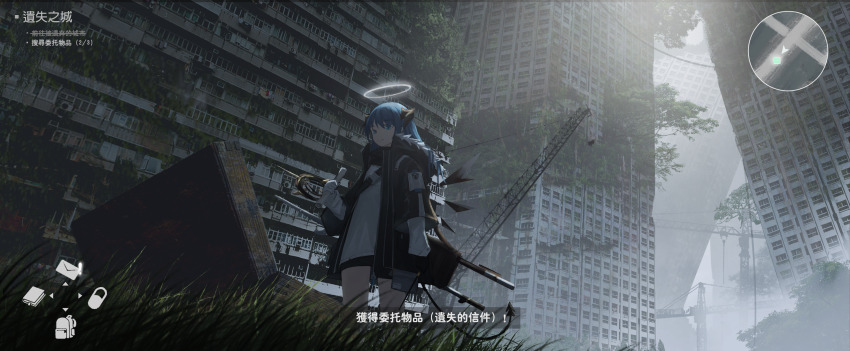 1girl absurdres arknights black_jacket black_shorts black_wings blue_hair building chinese_text cowboy_shot day de4d_fish demon_horns demon_tail detached_wings energy_wings fake_screenshot grass grey_sky halo heads-up_display highres holding holding_map horns jacket map minimap mostima_(arknights) open_clothes open_jacket outdoors overgrown ruins scenery shirt shorts sky skyscraper solo staff standing tail translated user_interface white_shirt wings
