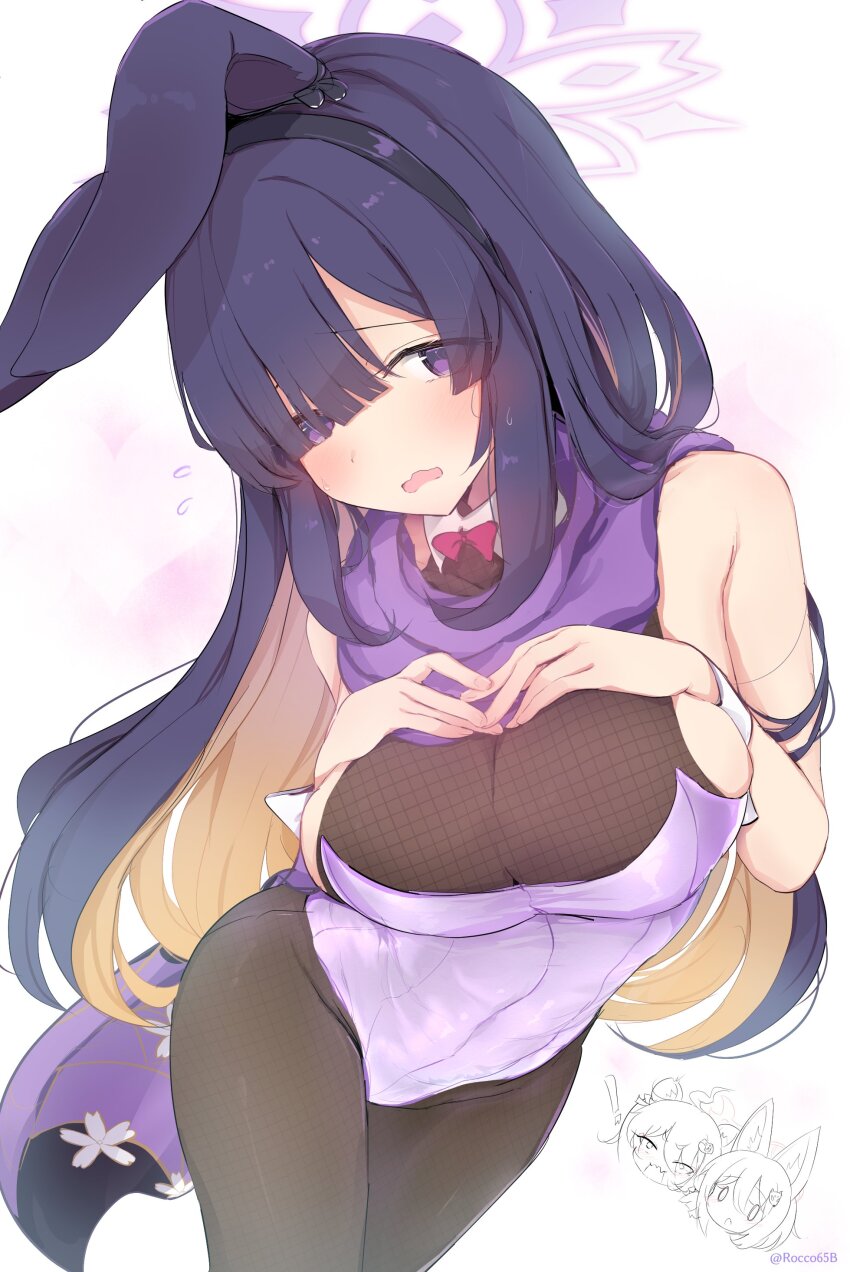 absurdres animal_ears bare_shoulders blonde_hair blue_archive bodystocking breasts cleavage colored_inner_hair detached_collar fishnet_bodystocking fishnets hair_over_one_eye halo hands_on_own_breasts highres izuna_(blue_archive) leotard looking_at_viewer michiru_(blue_archive) multicolored_hair ninjutsu_research_club_(blue_archive) playboy_bunny purple_eyes purple_hair purple_halo purple_leotard purple_scarf rabbit_ears sakurano_rocco scarf see-through_cleavage see-through_clothes tsukuyo_(blue_archive) twitter_username wrist_cuffs