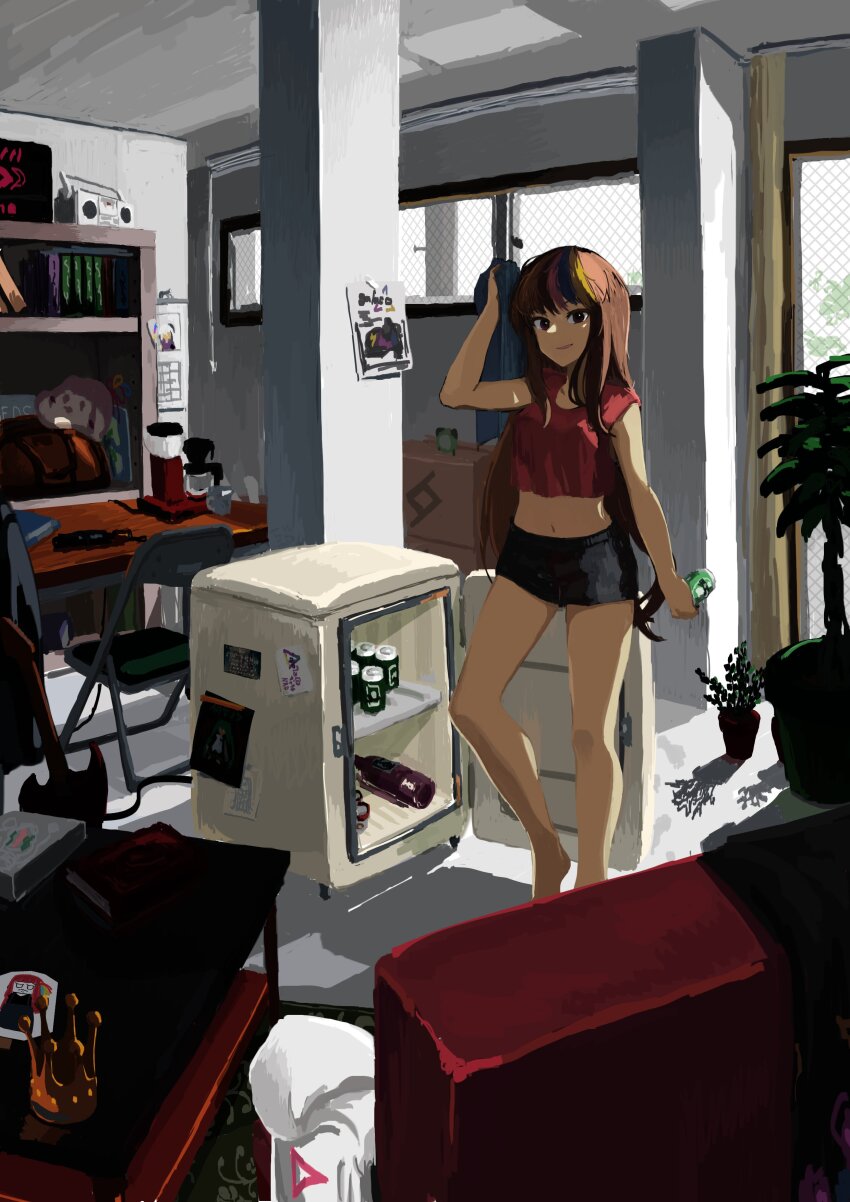 1girl absurdres backlighting blonde_hair blue_hair boombox bottle box brown_hair calendar_(object) can cardboard_box chair coffee_maker crop_top crown folding_chair galaco galaco_(neo) guitar hatsune_miku highres indoors instrument kagari-lunatic loaded_interior long_hair midriff multicolored_hair pillar pink_hair plant potted_plant refrigerator shelf short_shorts short_sleeves shorts smile solo_focus standing standing_on_one_leg table unworn_crown vocaloid window