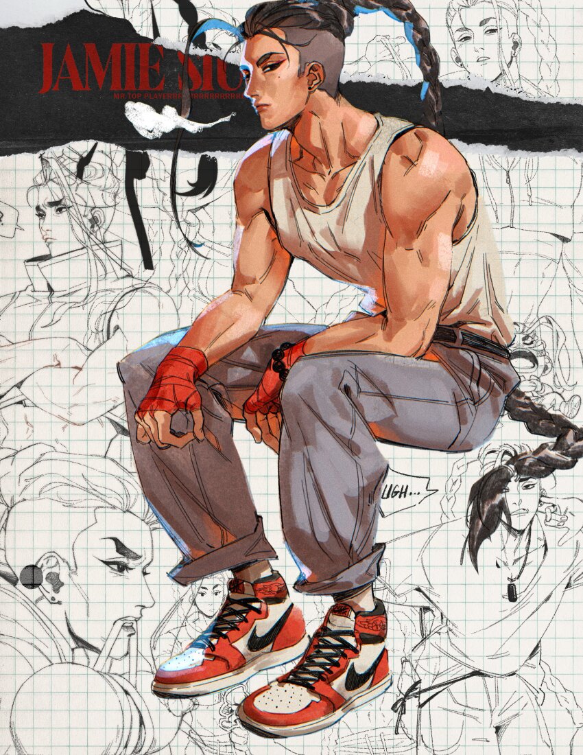 1boy ? absurdly_long_hair absurdres arm_up bare_shoulders belt belt_buckle black_belt braid brown_eyes brown_hair buckle character_name closed_eyes closed_mouth collarbone commentary crossed_arms denim ear_piercing earrings english_commentary english_text eyeliner finger_in_ear gloves gourd grid_background haddockkkk hand_wraps highres jamie_siu jeans jewelry long_hair looking_at_viewer makeup male_focus multicolored_footwear multiple_views muscular muscular_male nike_(company) nose_bubble pants parted_lips piercing popped_collar pout red_gloves shirt shoelaces shoes single_braid sleeping sneakers speech_bubble spoken_question_mark street_fighter street_fighter_6 stud_earrings t-shirt tank_top thick_eyebrows very_long_hair white_tank_top