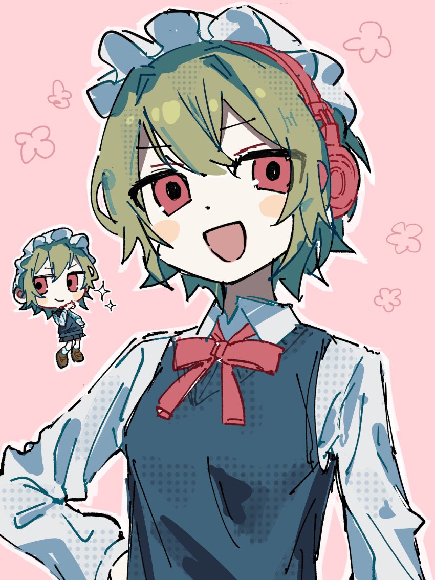 1girl :d absurdres ben-day_dots black_skirt black_sweater_vest blush_stickers bow bowtie breasts brown_shoes chibi collared_shirt frilled_hairband frills green_hair hairband headphones highres looking_at_viewer open_mouth original outline pink_background red_bow red_bowtie red_hair sashimisu screentones shirt shoes short_hair simple_background skirt small_breasts smile star_(symbol) sweater_vest swept_bangs upper_body white_outline white_shirt