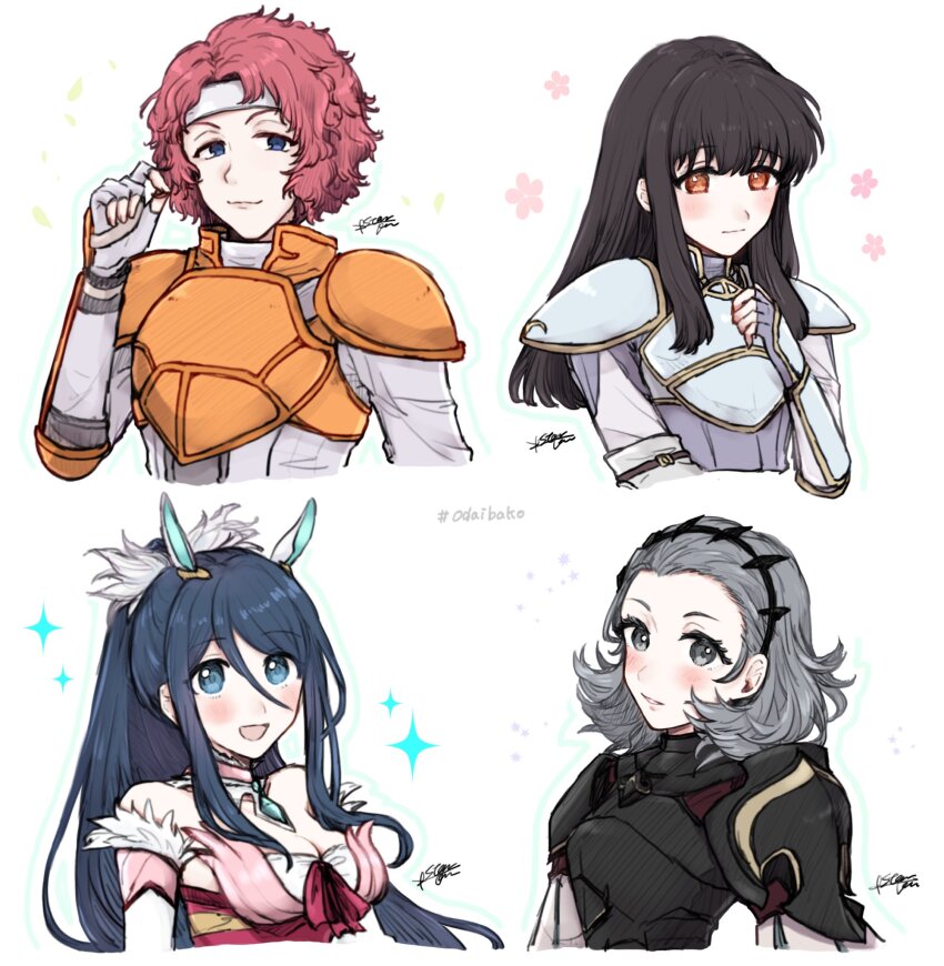 1boy 3girls armor astrid_(fire_emblem) black_armor black_hair black_hairband breastplate fire_emblem fire_emblem:_path_of_radiance fire_emblem:_radiant_dawn fire_emblem_fates grey_eyes grey_hair grey_headband hair_slicked_back hairband headband highres makalov_(fire_emblem) misato_hao multiple_girls nintendo orange_armor oribe_tsubasa pauldrons pink_hair shoulder_armor sophie_(fire_emblem)