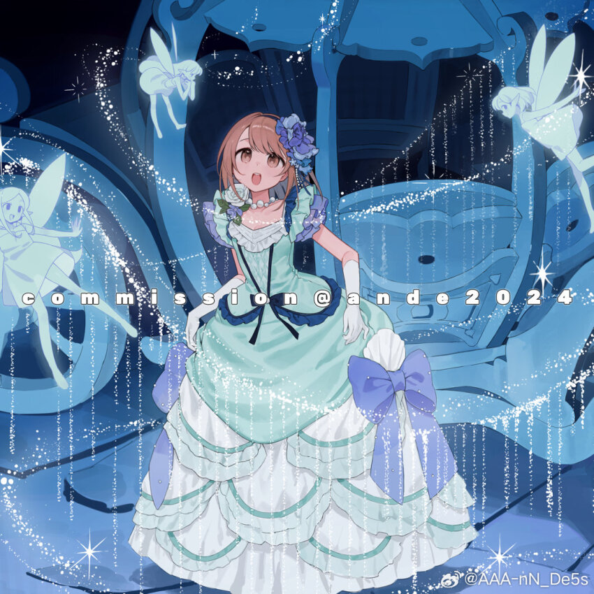 1girl aaa-nn_de5s carriage cinderella dress elbow_gloves fairy flower full_body gloves layered_dress long_dress long_hair open_mouth ribbon seashell shell smile solo white_gloves