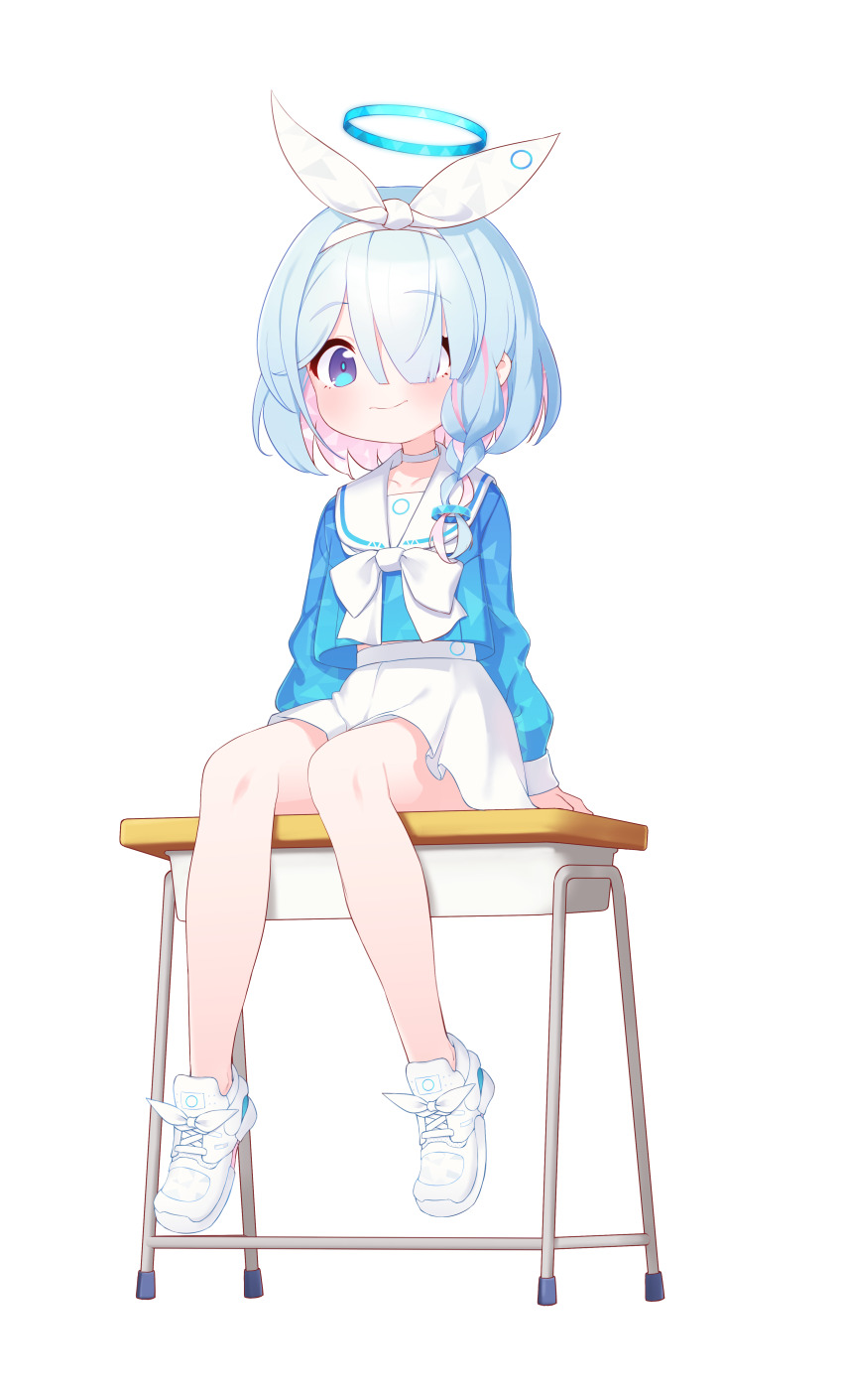 1girl absurdres ansan_ey arona_(blue_archive) blue_archive blue_eyes blue_hair blue_halo blush bow bow_hairband bowtie braid child choker closed_mouth colored_inner_hair desk full_body hair_over_one_eye hairband halo highres korean_commentary long_sleeves looking_at_viewer multicolored_hair on_desk pink_hair pleated_skirt ribbon_shoes sailor_collar school_desk school_uniform shirt short_hair simple_background single_braid sitting skirt smile solo white_background white_bow white_bowtie white_choker white_footwear white_hairband white_skirt