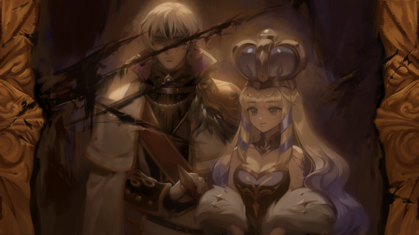 1boy 1girl artist_request bare_shoulders blonde_hair blue_hair breasts character_request check_artist cleavage closed_mouth crown dahlia_(tevi) ein_lee game_cg gradient_hair grey_hair highres large_breasts multicolored_hair non-web_source painting_(object) tevi