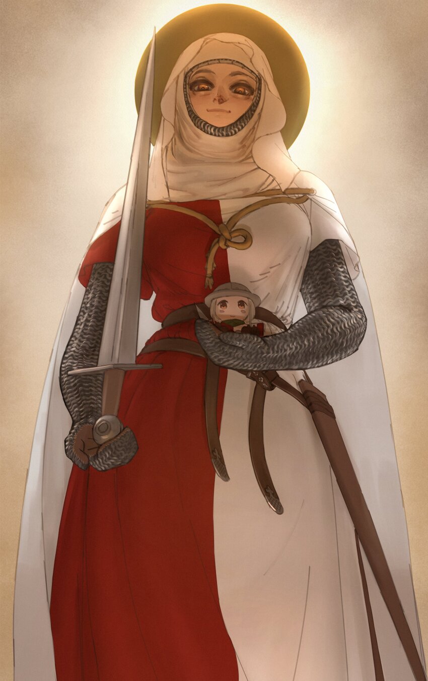 1girl absurdres armor bags_under_eyes belt cape chainmail closed_mouth coif cowboy_shot doll from_below gloves halo halo_behind_head hauberk highres holding holding_doll holding_sword holding_weapon looking_at_viewer ordo_mediare_sisters_(ironlily) red_robe robe saint saint_aileite_(ironlily) scabbard sheath simple_background solo sword two-tone_robe veil wass_nonnam weapon white_cape white_robe white_veil wimple yellow_eyes yellow_halo