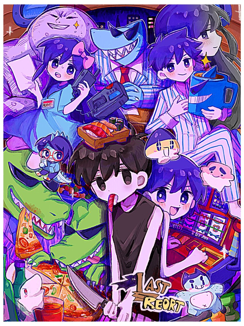 3girls 6+boys aubrey_(headspace)_(omori) aubrey_(omori) barefoot berly_(omori) black_eyes black_hair black_tank_top blue_shirt blush bow brows_(omori) closed_mouth colored_skin fish_(food) food gator_guy_(omori) glasses grin hair_bow happy_(omori) hero_(headspace)_(omori) hero_(omori) highres holding holding_knife holding_paper holding_phone kel_(headspace)_(omori) kel_(omori) knife lanyard long_hair long_sleeves looking_at_viewer mari_(faraway)_(omori) mari_(headspace)_(omori) mari_(omori) mr._jawsum mugi062 multiple_boys multiple_girls name_tag nose_(omori) omori omori_(omori) open_mouth own_hands_clasped own_hands_together pajamas paper parted_lips phone pink_bow pizza pluto_(omori) purple_eyes purple_hair red-framed_eyewear round_eyewear sashimi sharp_teeth shirt short_hair short_sleeves slot_machine smile sparkle sunglasses tank_top teeth tongue tongue_out upper_teeth_only van_(omori) white_skin