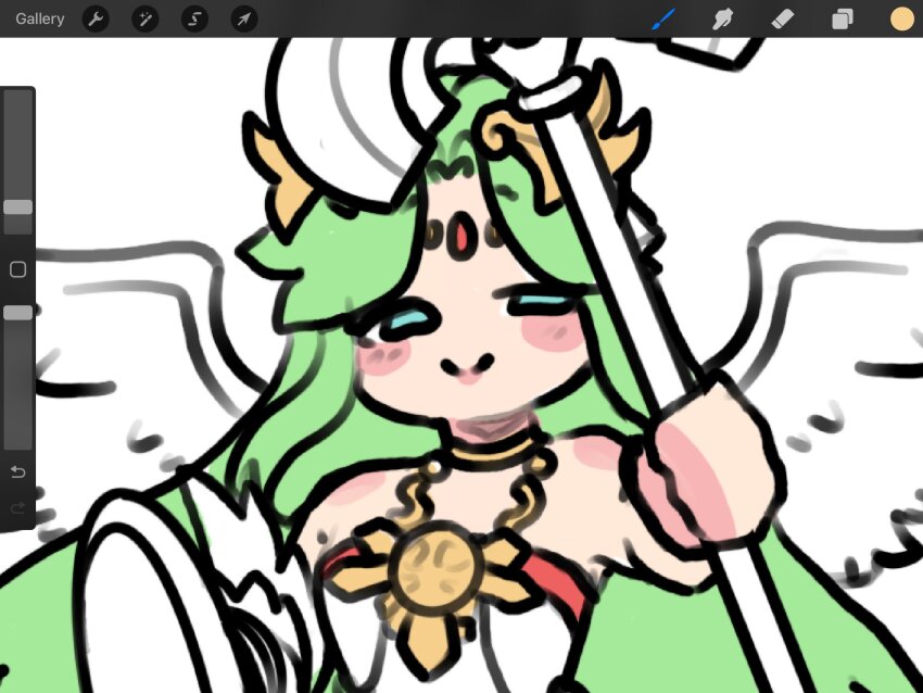 1girl alternate_eye_color angel_wings bare_shoulders blush_stickers chain chibi chibi_only closed_mouth commentary english_commentary forehead_jewel gold_chain green_hair highres holding holding_staff jewelry kid_icarus kid_icarus_uprising long_hair middle_part neck_ring nintendo non-web_source palutena pink_lips red_trim screencap shield smile solo split_mouth staff unfinished white_wings wings