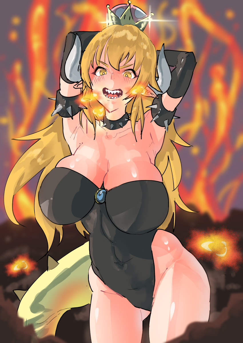 1girl absurdres angry armpits arms_up blonde_hair blurry blurry_background blush bowsette breasts brooch cleavage collar covered_navel crown feet_out_of_frame female_focus fire groin hair_between_eyes highres horns huge_breasts jewelry legs leotard long_hair looking_at_viewer mario_(series) mattai_(38myyyy) new_super_mario_bros._u_deluxe nintendo open_mouth sharp_teeth simple_background solo spiked_collar spikes standing tail teeth thighs v-shaped_eyebrows yellow_eyes