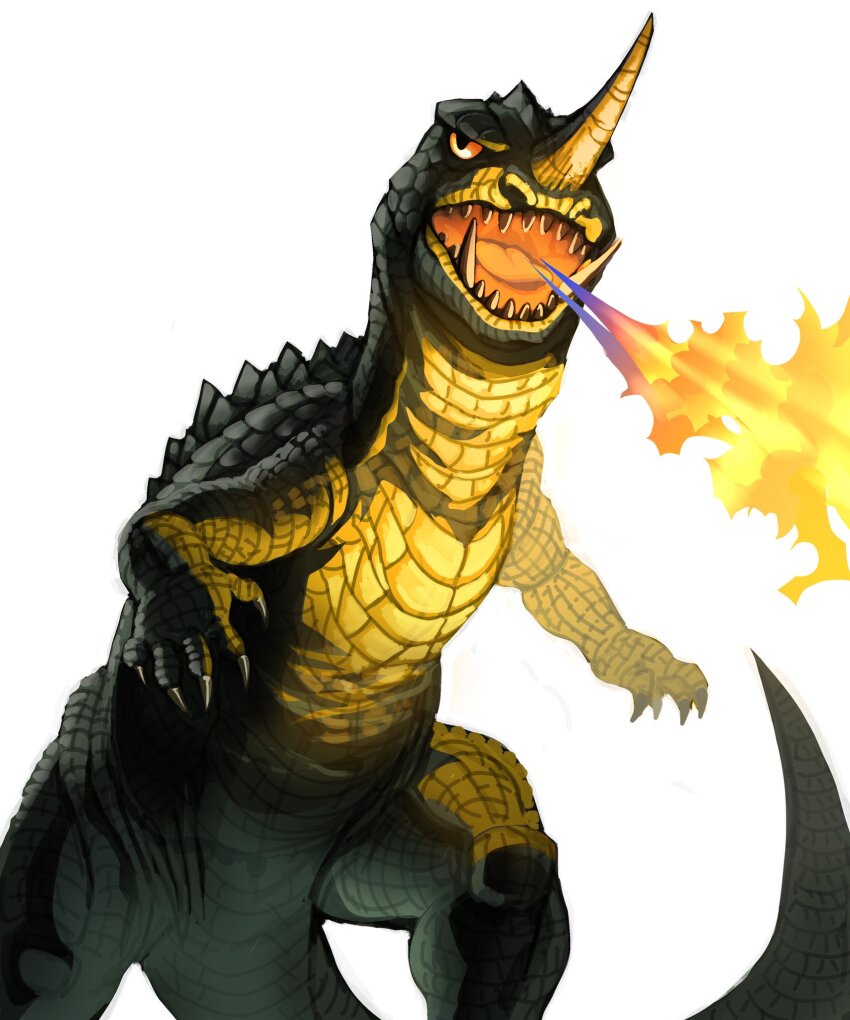 alex_alcanter blue_fire breath_weapon breathing_fire claws dinosaur fire highres horns kaiju keukdong_entertainment nasal_horn no_humans orange_eyes orange_fire sharp_teeth simple_background single_horn tail teeth tusks white_background yellow_fire yongary,_monster_from_the_deep yonggary yonggary_(series)