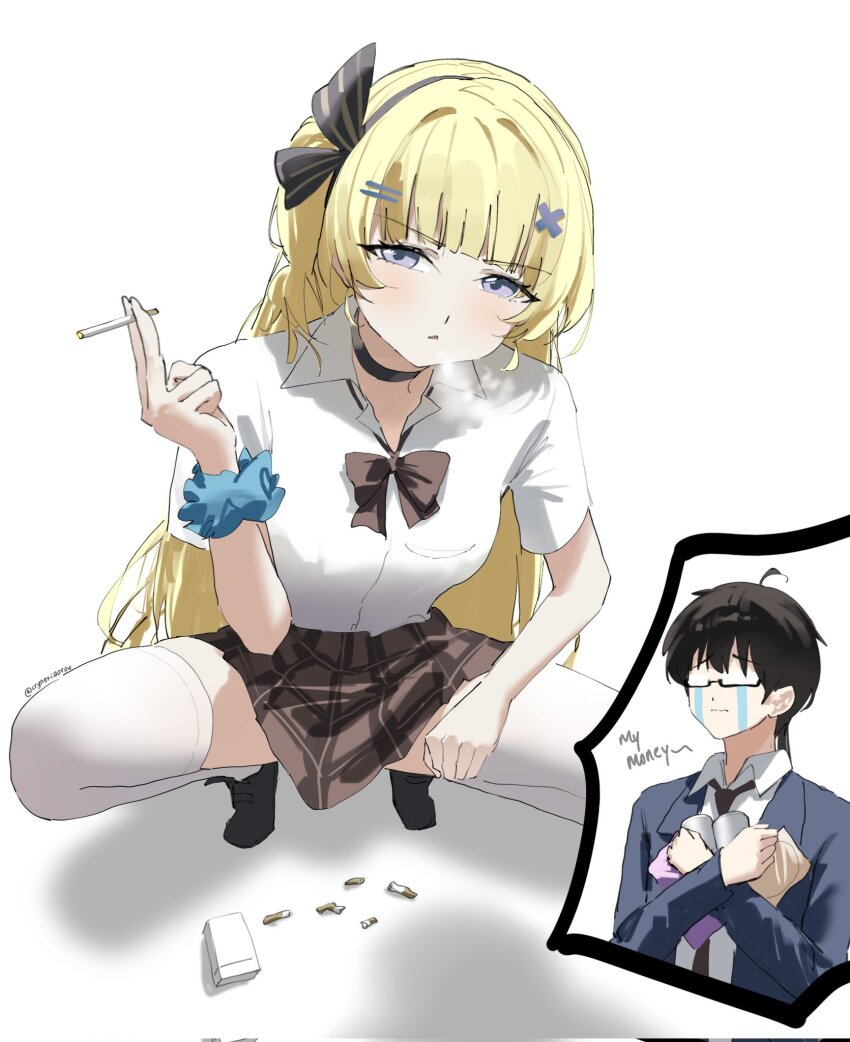 1boy 1girl alternate_costume black_bow black_choker black_hair black_shoes blonde_hair blue_eyes bow bowtie breasts brown_bow brown_bowtie brown_skirt choker cigarette cigarette_pack collared_shirt commentary crying cryne delinquent hair_bow hair_ornament highres holding holding_cigarette long_hair male_rover_(wuthering_waves) medium_breasts parted_lips phoebe_(wuthering_waves) plaid_clothes plaid_skirt rover_(wuthering_waves) shirt shoes simple_background skirt slav_squatting smoking squatting streaming_tears symbol-only_commentary tears thighhighs thighs very_long_hair white_background white_shirt white_thighhighs wuthering_waves x_hair_ornament
