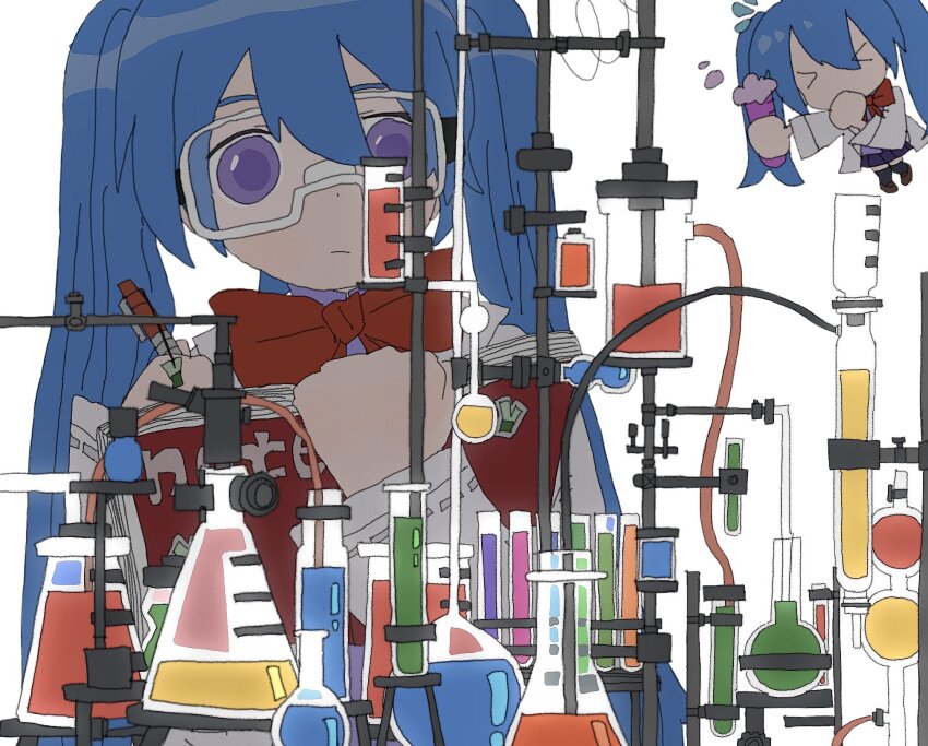 &gt;_&lt; 1girl alternate_costume alternate_eye_color beaker black_thighhighs blue_hair bow bowtie chemistry chibi chibi_inset coat erlenmeyer_flask flask hatsune_miku highres holding holding_notebook holding_pen holding_test_tube kousou_(vanilla_rkgk) lab_coat long_hair long_sleeves looking_at_object multiple_views notebook pen purple_eyes purple_shirt purple_skirt red_bow red_bowtie round-bottom_flask safety_glasses school_uniform shirt simple_background skirt test_tube thighhighs twintails vocaloid white_background white_coat writing