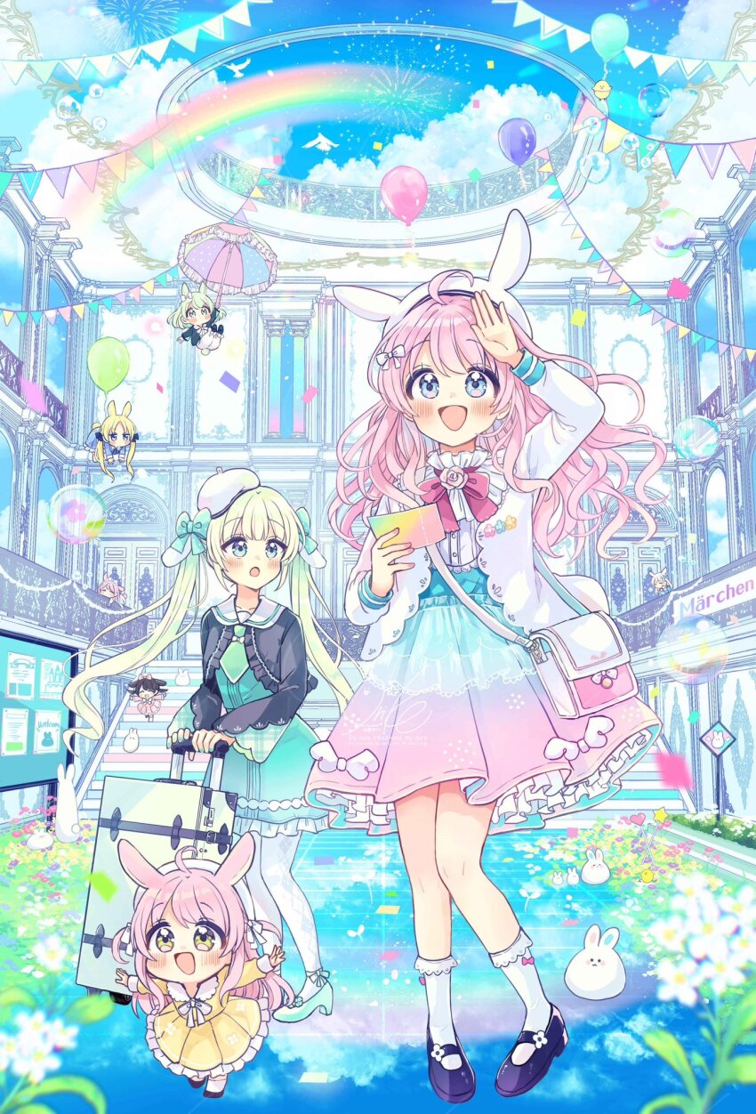 6+girls animal_ears animal_hat arm_up bag balloon beret black_hair black_jacket black_shoes blonde_hair blue_dress blue_eyes blue_shoes blue_skirt blue_sky bobby_socks bubble chibi cloud commentary_request confetti dress fake_animal_ears gradient_clothes gradient_skirt green_hair hat high_heels highres indoors jacket long_hair mini_person minigirl multiple_girls open_clothes open_jacket original pantyhose pennant pink_hair pink_skirt pleated_dress pleated_skirt rabbit_ears rabbit_hat rolling_suitcase sakura_oriko shirt shoes shoulder_bag skirt sky socks stairs string_of_flags suitcase twintails very_long_hair white_hat white_jacket white_pantyhose white_shirt white_socks yellow_dress