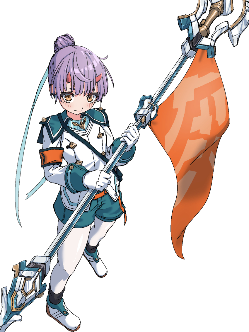 1girl fiona_(xenoblade) flag highres horns kame_0_0_kame purple_hair simple_background solo white_background xenoblade_chronicles_(series) xenoblade_chronicles_3