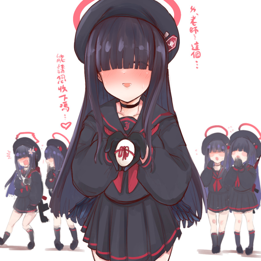 5girls anger_vein assault_rifle beret black_choker black_footwear black_gloves black_hair black_serafuku black_skirt black_socks black_wings blue_archive blunt_bangs blush blush_stickers bullpup chinese_text choker collarbone commentary_request egg em-2 extra faceless faceless_female feathered_wings full-face_blush giving gloves gun hair_over_eyes halo hat heart highres justice_task_force_member_(blue_archive) long_sleeves multiple_girls neckerchief pleated_skirt red_eyes red_halo red_neckerchief red_ribbon ribbon rifle school_uniform serafuku shiming_liangjing simple_background skirt socks spoken_heart standing surprised sweatdrop translation_request weapon white_background wings