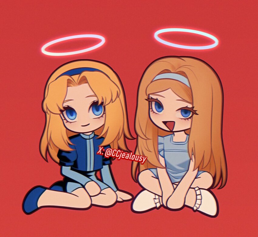 2girls blonde_hair blue_eyes blush ccjealousy chibi crossed_legs halo indian_style long_hair maria_robotnik multiple_girls open_mouth red_background sitting sonic_(live_action) sonic_(series) sonic_the_hedgehog_3_(movie) traditional_halo watermark