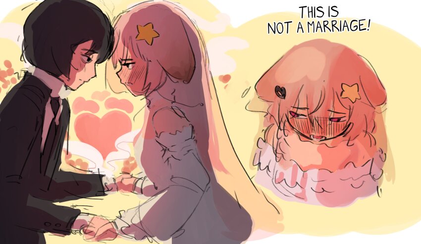 1boy 1girl absurdres animal_ear_fluff animal_ears annytf blush bouquet bridal_veil bride brown_hair couple dress flower formal_clothes fox_ears fox_girl groom hair_ornament highres husband_and_wife indie_virtual_youtuber long_hair long_sleeves multicolored_hair open_mouth otjareniy pink_hair purple_eyes star_(symbol) star_hair_ornament suit tail tuxedo vedal987 veil virtual_youtuber wedding wedding_dress